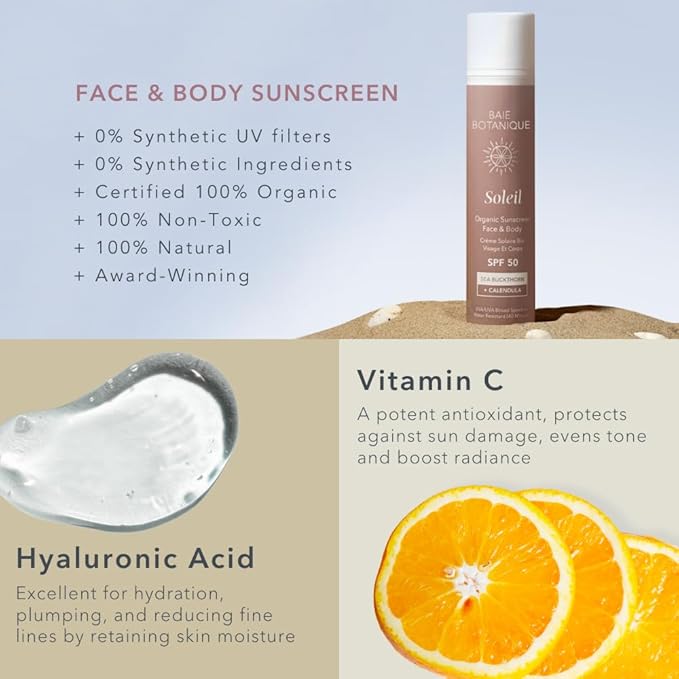 Baie Botanique Soleil - Organic Mineral Non Toxic Sunscreen for Face and Body SPF 50 - Sea Buckthorn & Calendula - Natural - Vegan - No White Cast - Chemical Filter Free - Reef Safe -UVA/UVB - 3.9 oz