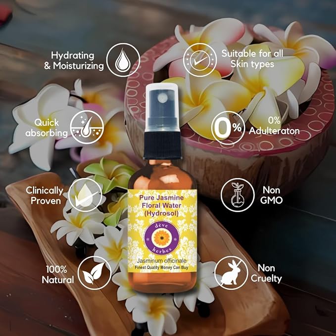 Deve Herbes Pure Jasmine Floral Water (Hydrosol) (Jasminum officinale) Natural Therapeutic Grade for Skin - 100ml (3.38 oz)