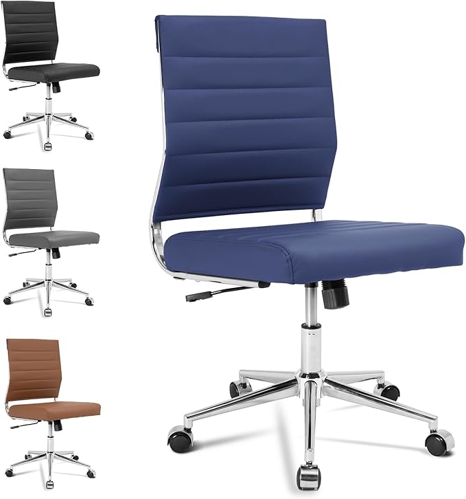 Okeysen Armless Office Desk Chair, Mid Back Ergonomic Swivel Conference Room Chair, Adjustable Height PU Leather Home Desk Chair, Modern Small Rolling Computer Task Chair, Navy Blue