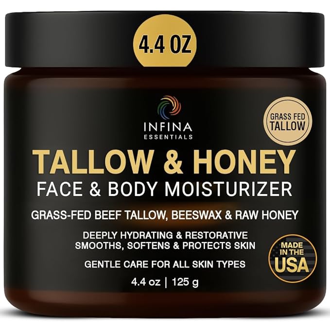 Beef Tallow for Skin with Raw Honey – Grass Fed Beef Tallow Face & Body Moisturizer - Balm Style Hydrating Cream with Beeswax & Olive Oil for Dry Skin, Hands & Feet – 4.4 oz