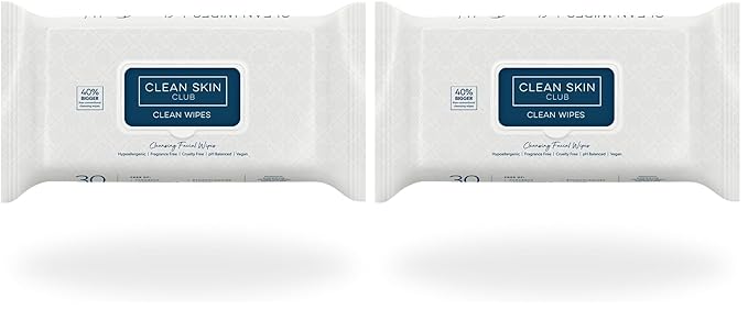 Clean Skin Club XL Premium Face Wipes, 40% Larger Than Normal Wipes, Extra Moist Makeup Removing Towelettes, Facial Cleansing Cloth, Fragrance Free, No Alcohol or Chemicals, 30 Count (Pack of 2)