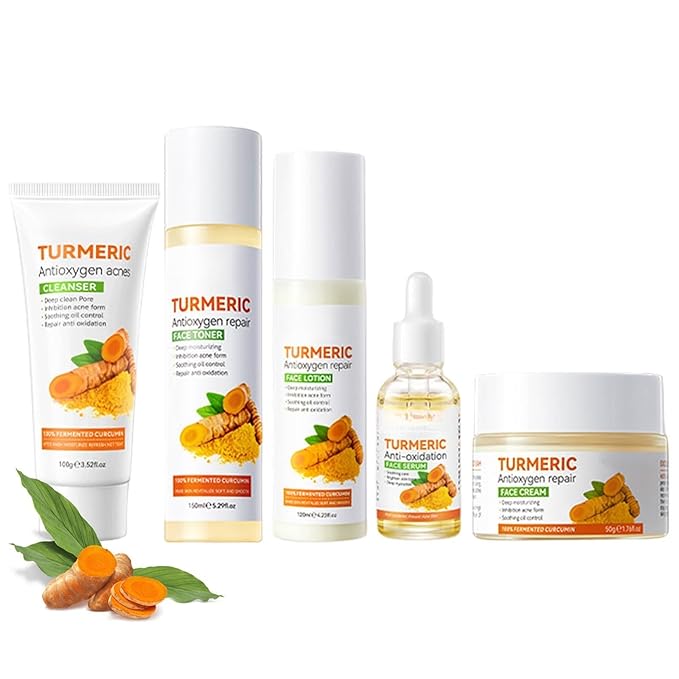 Turmeric Glow Skincare Set,5Pcs with Face Wash,Turmeric Face Moisturizer Cream,Toner,lotion,Essence,Cleanses, Soothing, Hydrating Skin,Helps Improve Skin Ton,Turmeric Skin Care Set for All Skin