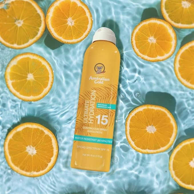Australian Gold Continuous Spray Sunscreen SPF 15, 6 Ounce, Dries Fast, Broad Spectrum, Water Resistant, Non-Greasy, Oxybenzone Free, Cruelty Free,A70908