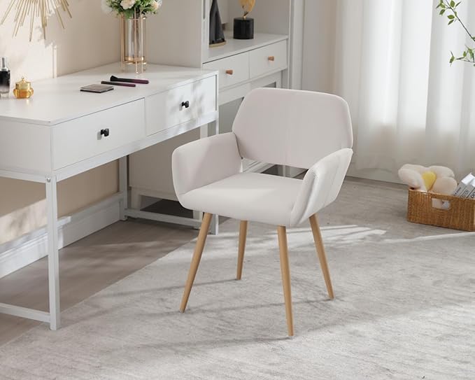 KCC Small Modern Dining Room Arm Chairs 1 Piece, Mid-Century Upholstered Velvet Side Seat Club Guest with Metal Tube Legs for Kitchen, Living Room, Beige