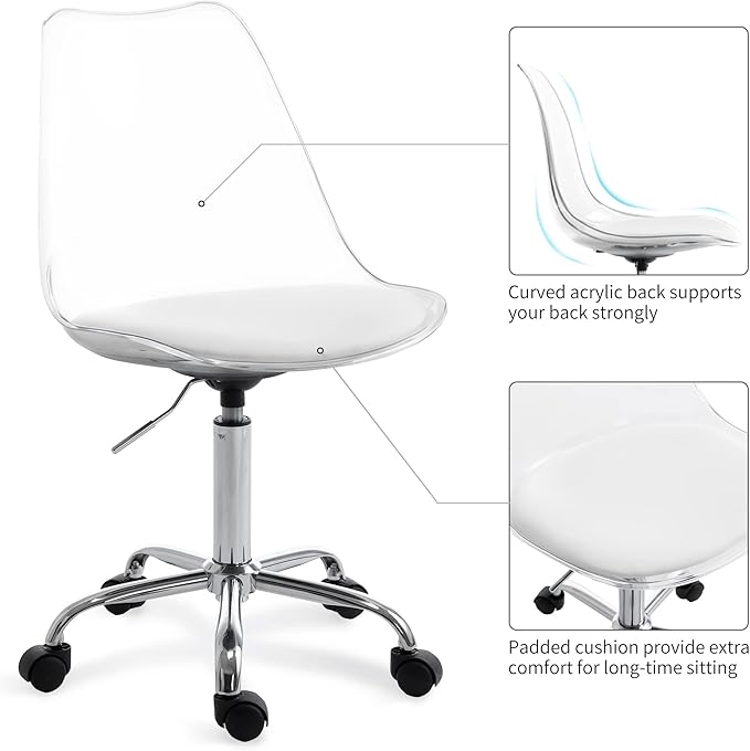 HOMEFUN Clear Desk Chair with Cushion, Armless Acrylic Rolling Chair Height Adjustable Ghost Swivel Molded Plastic and Wheels, Clear