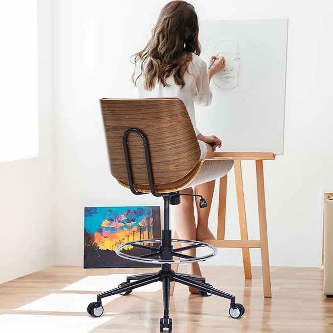 Drafting Office Chair Ergonomic Executive Computer Standing Desk Chair with Adjustable Height and Footrest Ring, Drafting Chair for Counter Height Desk and Drawing (Brown)