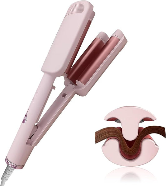 Waver Curling Iron Hair Crimper, Ionic Deep Waver Hair Curler Tool, Beach Waver Curling Wand, 2 in 1 straightener and curler with Ceramic 3 Barrel for Women, Dual Voltage, Anti-Scald, 1.25 Inch (Pink)