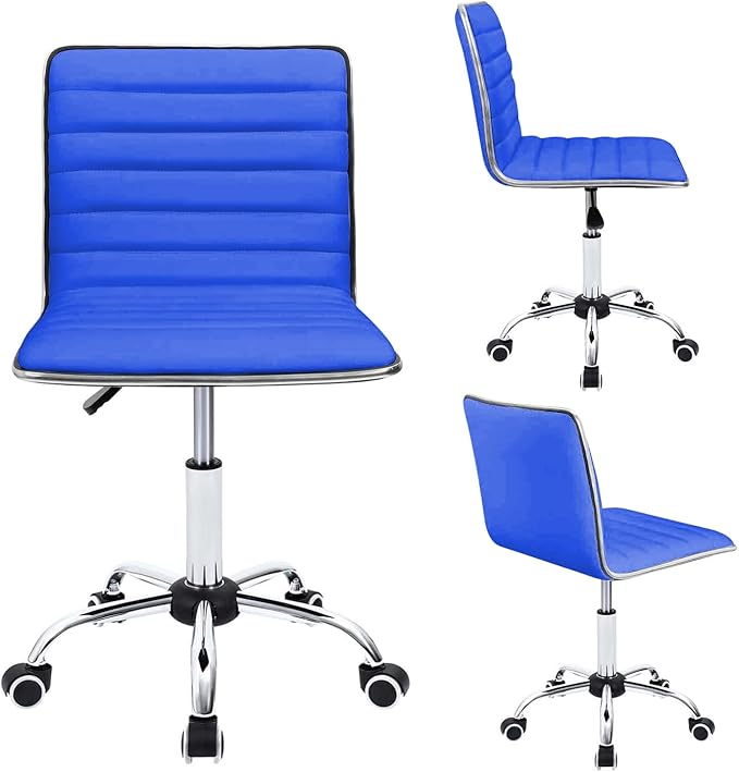 Furmax Vanity Office Desk Chair with Wheels, Armless Small Cute Leather Makeup Computer Task Chair Adjustable Height 360° Swivel (Blue)