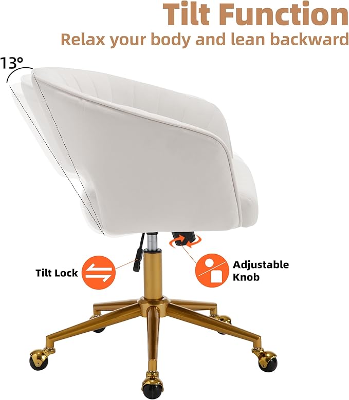 Westice Home Office Desk Chairs, Modern Velvet Rolling Chair, Height Adjustable Swivel Vanity Chair with Golden Base, Ergonomic Chair for Vanity Study, Living Room Computer Room, Beige