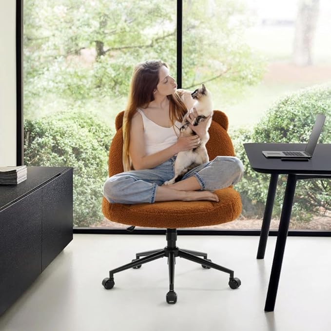 IWMH Armless Office Desk Chair with Wheels,Ergonomic Criss Cross Legged Computer Chair with Fabric Padded, Height Adjustable Wide Seat Vanity Chair,Mid Back Task Chair for Home, Bedroom (Brown)