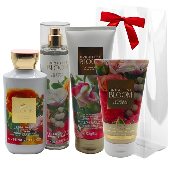 Bath & Body Works BRIGHTEST BLOOM Body Wash, Mist, Body Cream & Body Scrub 4-piece Gift Set with a Red Bow for Holidays – Full Size