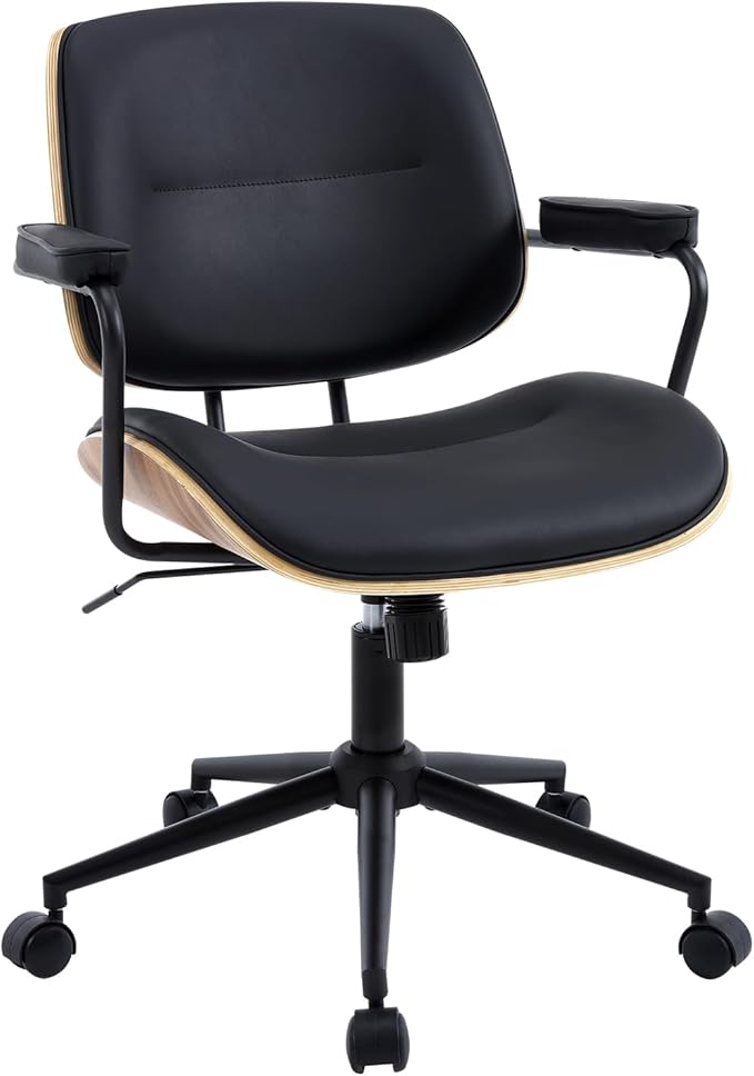 Mid Century Walnut Office Chair with Arms, Adjustable Swivel Desk Chair, Leather Computer Chair with Rolling Wheels for Home Office or Study Room, Black