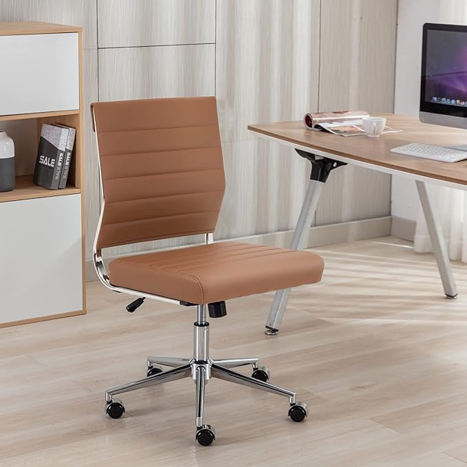Okeysen Brown Armless Office Desk Chair, Mid Back Ergonomic Swivel Conference Room Chairs, Adjustable Height PU Leather Home Desk Chair, Modern Small Rolling Computer Task Chair