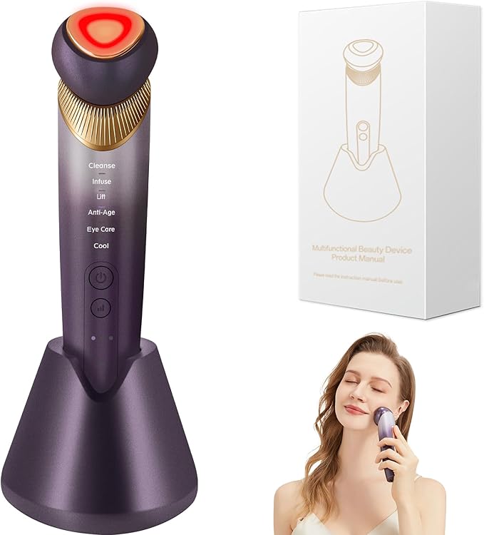 6-in-1 Age-Defying - Eye, Face & Neck Lift & Firm, 5-Color Light Therapy for Face with Microcurrent, Vibration, Heat & Cooling, Skin Care Tool for Youthful & Tightening Skin (Purple)