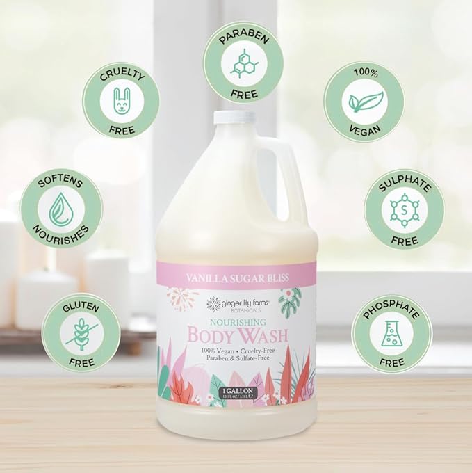 Ginger Lily Farms Botanicals Nourishing Body Wash, 100% Vegan & Cruelty-Free, Vanilla Sugar Bliss Scent, 1 Gallon (Pack of 4)