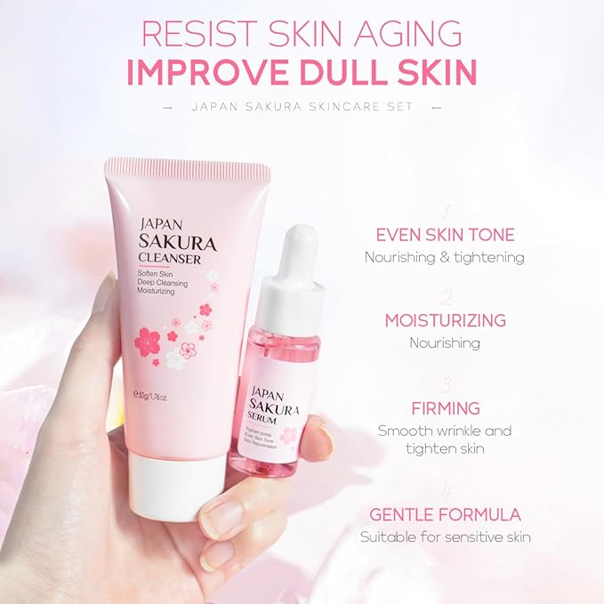 Skin Care Sets for Teenage Girls, Sakura Skin Care Sets & Kits Women Beauty Gift Set with Cleanser, Mud Mask, Toner, Serum, Eye Cream, Facial Cream, and Sunscreen, Birthday Gift for Women and Girls