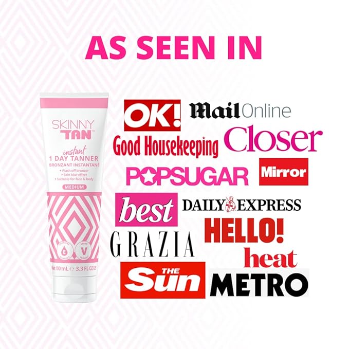 SkinnyTan 1 Day Instant Tanner - Self Tanning Lotion for Face and Body - Skin-Perfecting Coverage with Delicious Scent - Easy Rinse - Medium - 3.3 oz