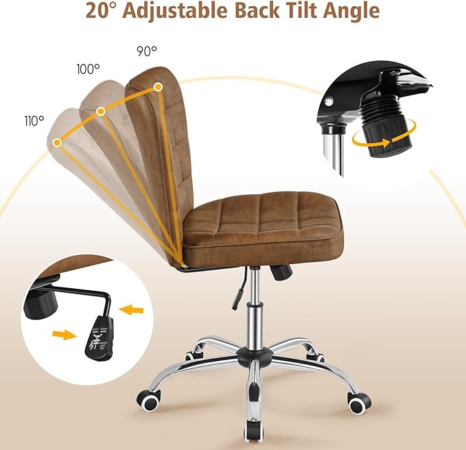 Yaheetech Armless Desk Chair Modern Tufted Office Chair Faux Leather Upholstered Computer Chair with Adjustable Seat Height and Rolling Wheels for Home/Office, Retro Brown
