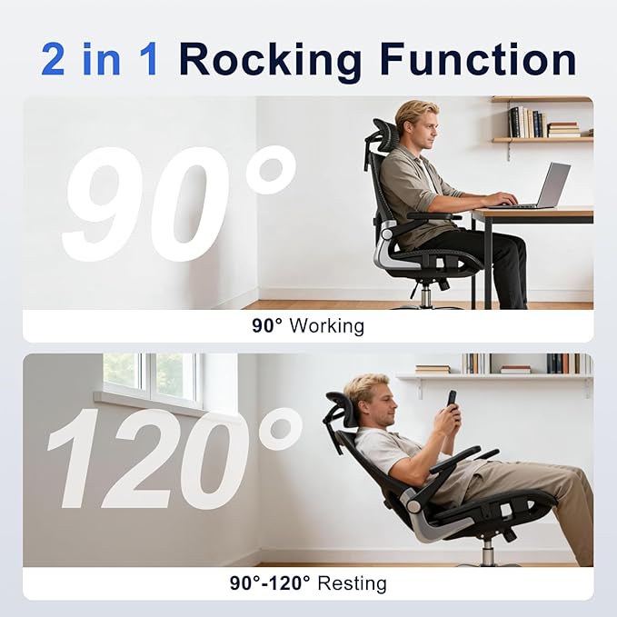 Ergonomic Office Chair, Mesh Seat Cushion with 3D Armrests and 3D Headrest, Adjustable Lumbar Support with 90-120° Rocking Function, Black