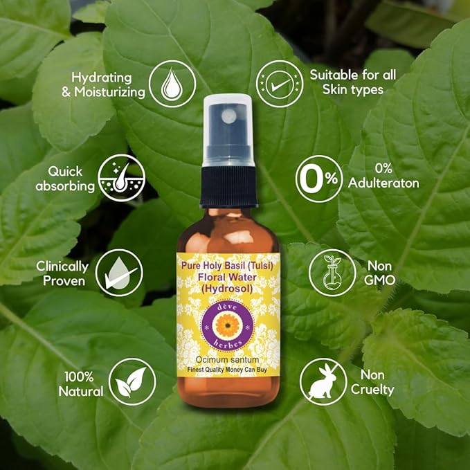 Deve Herbes Pure Holy Basil (Tulsi) Floral Water (Hydrosol) (Ocimum santum) 100% Natural Therapeutic Grade 100ml (3.38 oz)