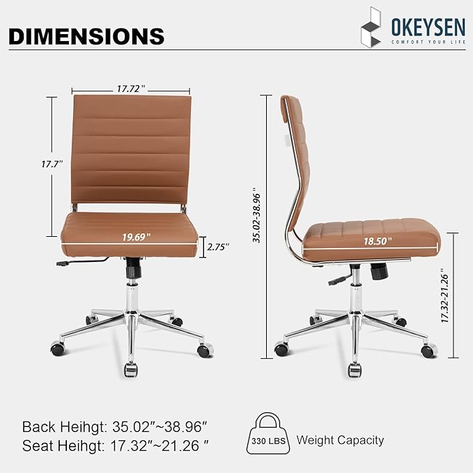 Okeysen Brown Armless Office Desk Chair, Mid Back Ergonomic Swivel Conference Room Chairs, Adjustable Height PU Leather Home Desk Chair, Modern Small Rolling Computer Task Chair