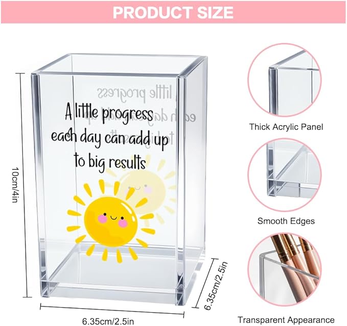 A Little Progress Each Day Can Add Up To Big Results Acrylic Cosmetic Pencil Pen Holder Cup, Inspirational Sun Desk Organizer for Classroom Office, Motivational Gifts for Women Girl Therapist