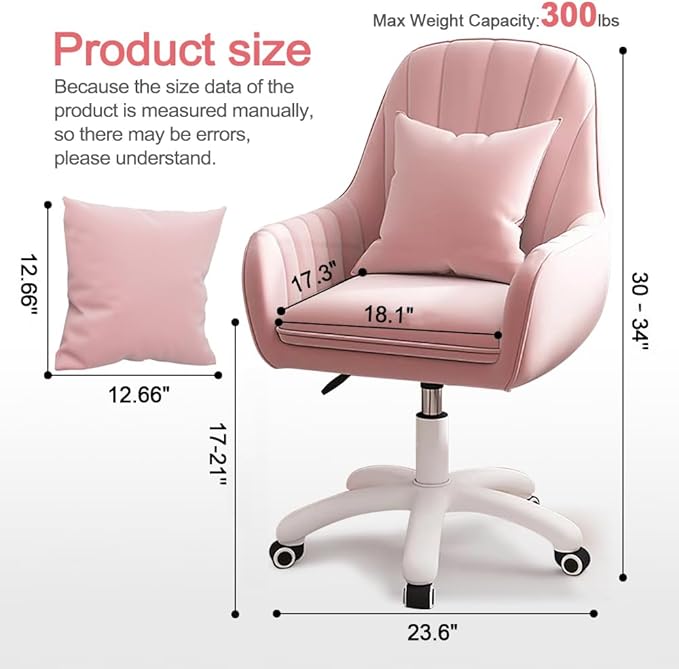 Velvet Desk Chair with Pillow Upholstered Vanity Chair for Girls Women, Home Office Computer Task Chair with Wheels Swivel Rolling Accent Chair for Living Room, Bedroom
