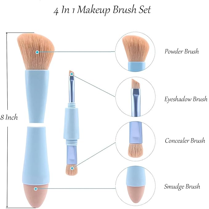 Bling Toman 4-in-1 Makeup Brush,Makeup Sponge,Blush Blending,Eyeshadow,Eyebrow&Liner Lip Face Foundation All-in-One Brushes Travel Makeup Brush Set Mini Makeup Tools Kit, Cosmetics Gift for Women