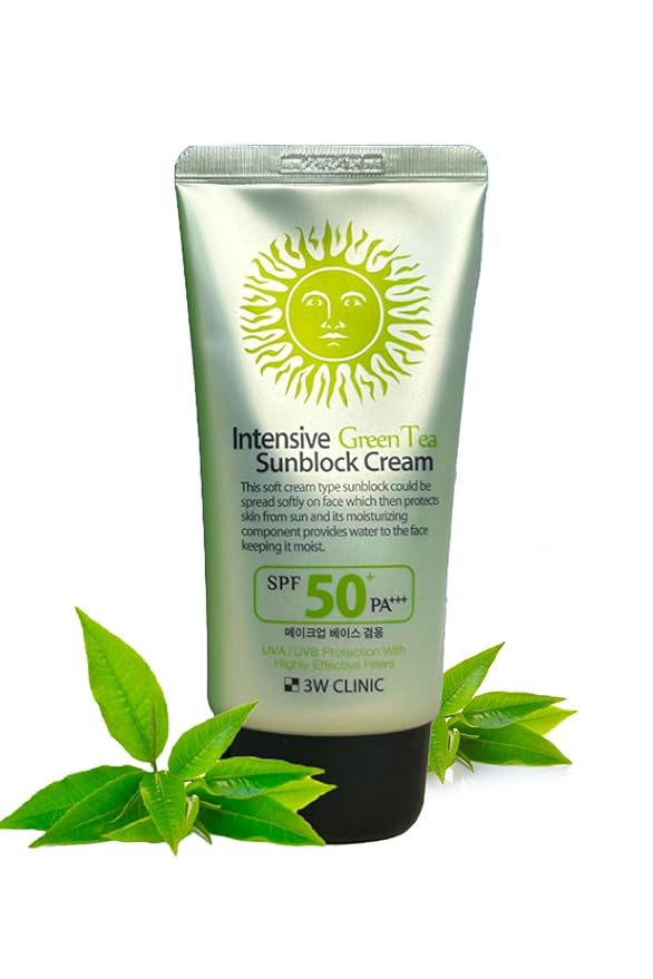 3W Clinic Intensive Green Tea Sunblock Cream for Makeup Base Use (70ml 2.36fl oz.) SPF50+/PA+++ UVA/UVB Protection with Highly Effective Filters, Sunscreen, Suncream