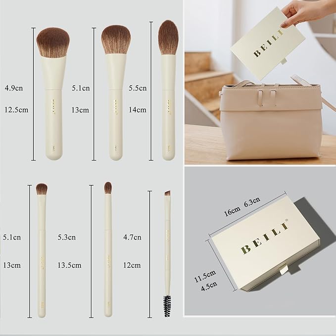 BEILI Mini 6Pcs Makeup Brush Set – Elegant Off White, Professional Travel Brushes for Foundation, Contour, Highlighter & Blending, with Sponge and Gift Box