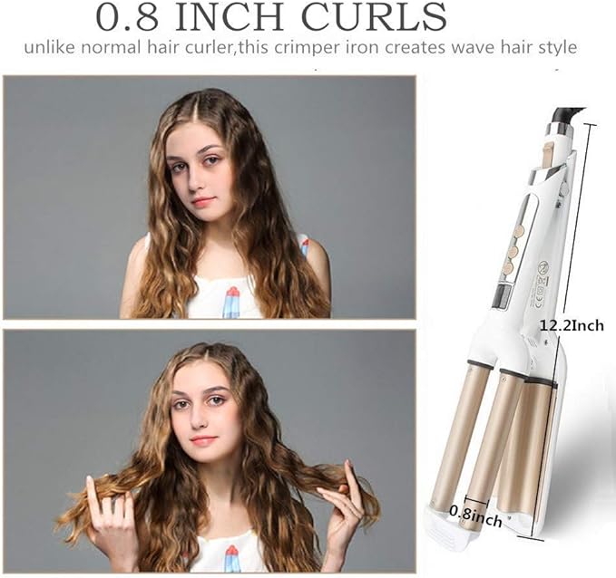 Ceramic Hair Crimper Iron Hair Waver 3 Barrel 0.6 inch / 16mm Perm Instant Curls Crimping Hair Curling Iron Valentines Day Gifts for Women Professional Crimping Iron (Gold & White)