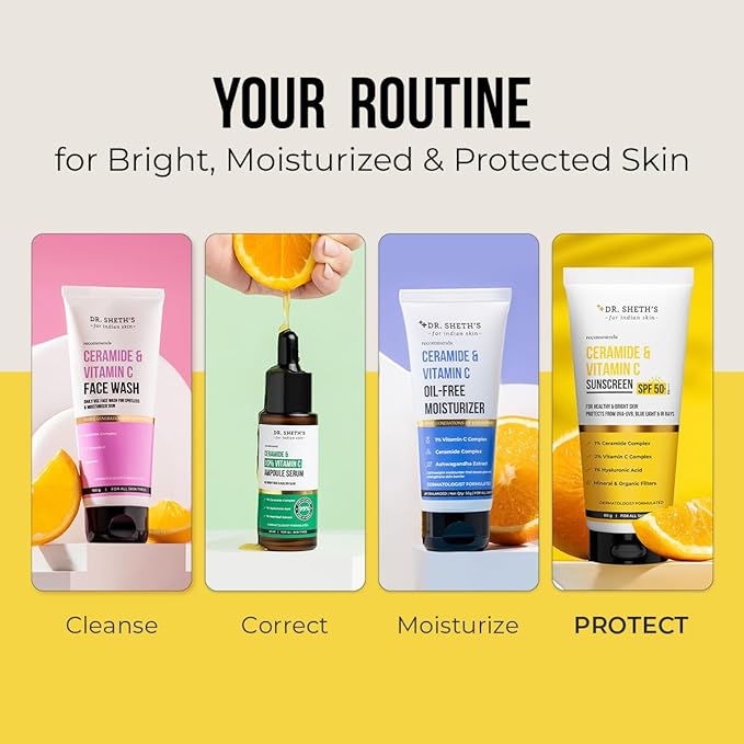 Dr. Sheth's Ceramide & Vitamin C Sunscreen In-Vivo Tested Protects, Moisturizes & Brightens Skin SPF 50+ PA++++ Lightweight, Leaves No White Cast 30 g