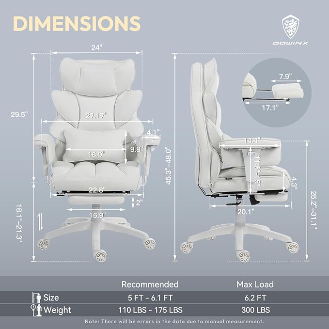 Dowinx Big and Tall Office Chair with Pocket Spring Cushion,High Back Computer Gaming Chairs with Adjustable Armrests and Lumbar Support,Executive Desk Chairs with Footrest(PU Leather,White)