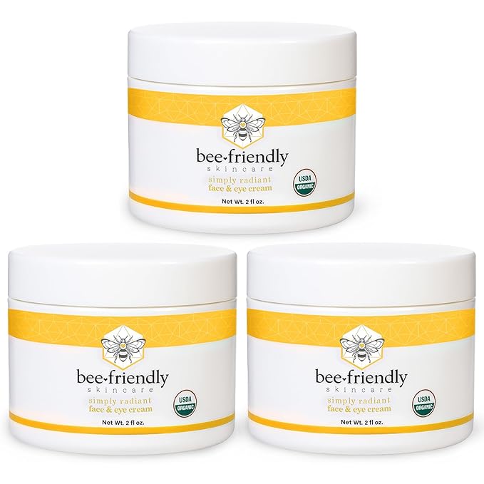 BeeFriendly Organic Face and Eye Cream, USDA Certified Organic Facial Moisturizer, All In One Natural Face, Eye, Neck, Decollete Cream Reduces Wrinkles & Lines, 6 oz (3 Jars in a box)