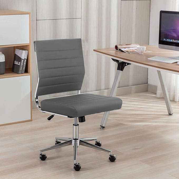 Okeysen Armless Office Desk Chair, Mid Back Ergonomic Swivel Conference Room Chair, Adjustable Height PU Leather Home Desk Chair with Lumbar Support, Modern Small Rolling Computer Task Chair, Gray