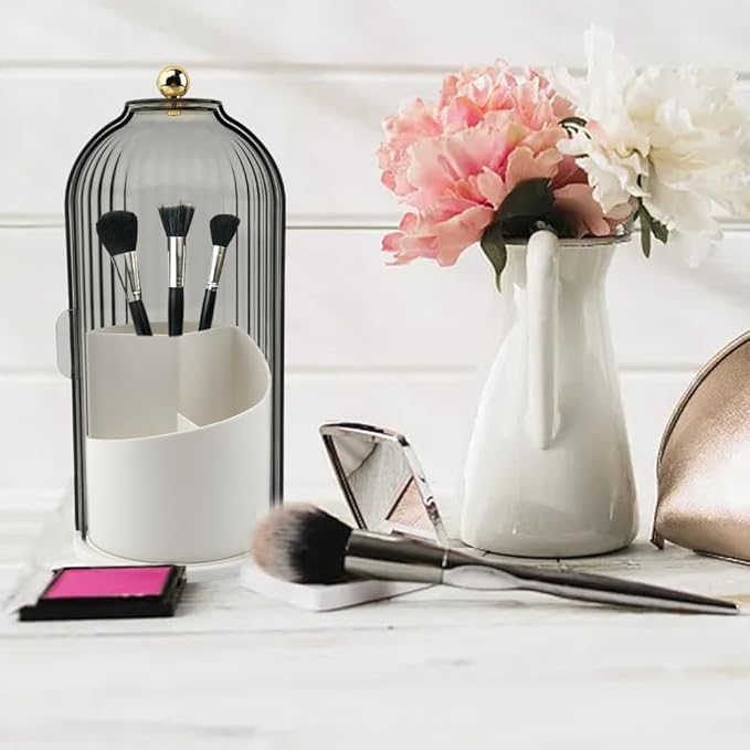Makeup Brush Holder with Lid, 360 Rotating Sliding Opening Cosmetic Tools Organizer, Waterproof Dustproof Makeup Brush Organizer for Vanity Desktop Bathroom Countertop(COLOR:White And Black)