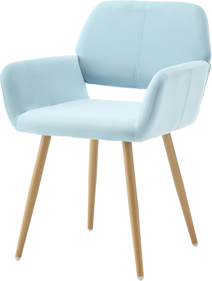 Home Office Velvet Desk Chair, Makeup Vanity Chair, Comfy Accent Armchair with Wood Grain Metal Legs, Cute Dining with Hollowed Back, Light Blue