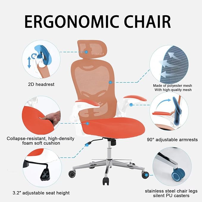 Office Chair, Ergonomic Breathable Mesh Chair,Flip-Up Arms and Adjustable High Back Lumbar Support,Comfy Computer Chair for Home Office (Orange, 407)