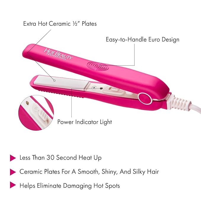 Professional Ceramic Mini Flat Iron 1/2", Anti-Frizz, Fast Heating, Versatile Styling for Curly & Straight Hair, Ideal for Traveling with Travel Pouch (Pink)