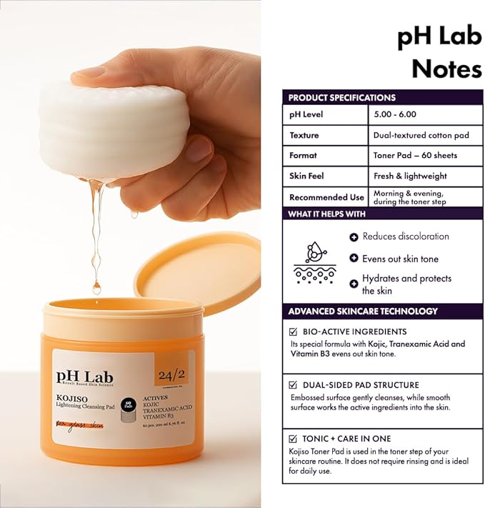 pH Lab Kojiso Toner Pad, Supports Skin Texture & Enhances Natural Glow, 60 Pads