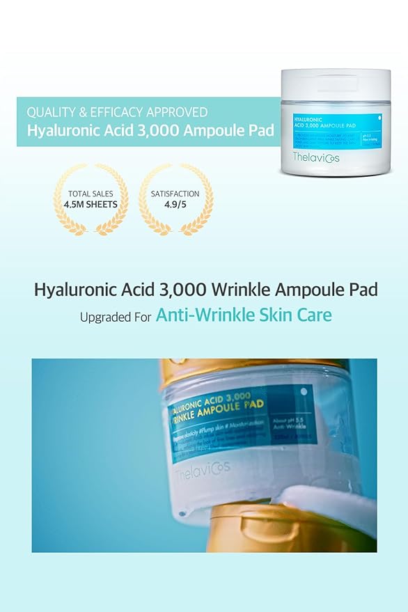 Hyaluronic Acid 3000 Wrinkle Ampoule Toner Pads with 8 types of Hyaluronic Acids and Adenosine for Clearer Skin, Pore Tightening, Moisturizing, Anti-Wrinkle - Pad Tweezer Included - 60ct