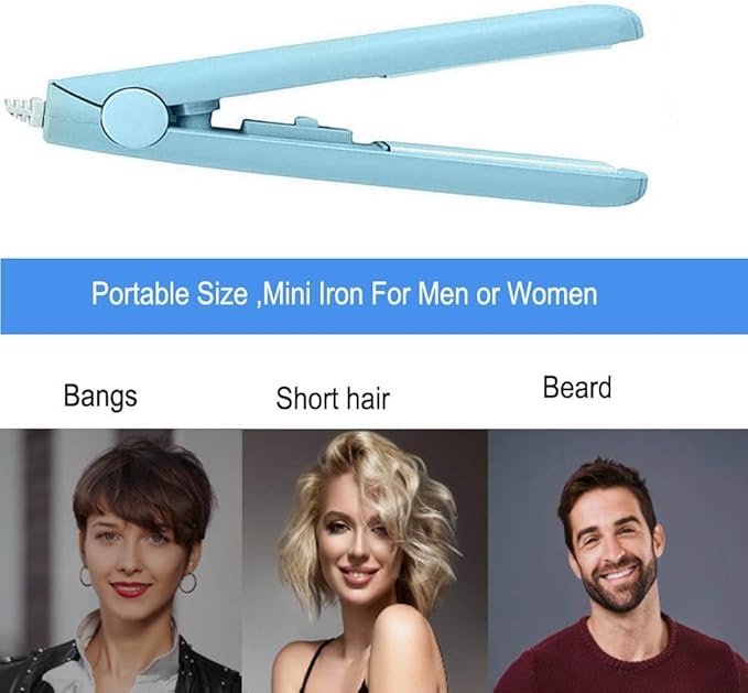 Mini Hair Straightener, 2 in 1 Mini Curling Iron Portable Travel Hair Straightener Heating Curler Hair Styling Tool for Short Hair，Home or Salon (Blue)