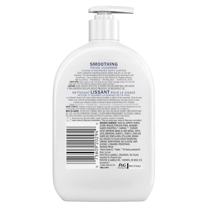 Olay Face Wash,Daily Facial Cleanser with Retinol,Peptides & Glycerin - Smoothing,Noursihes Skin Surface,Hydrates while Cleansing - Sulfate-Free,Paraben-Free,16 Oz,(Pack of 2)
