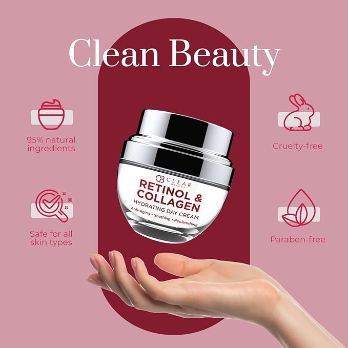 Clear Beauty Retinol & Collagen Face Moisturizer - Dermatologist Tested, Anti Aging Korean Skin Care - Firming Day Cream, Smooths Lines, Hydrates & Minimizes Pores - Vegan, Clean Beauty - 1.69 Fl Oz