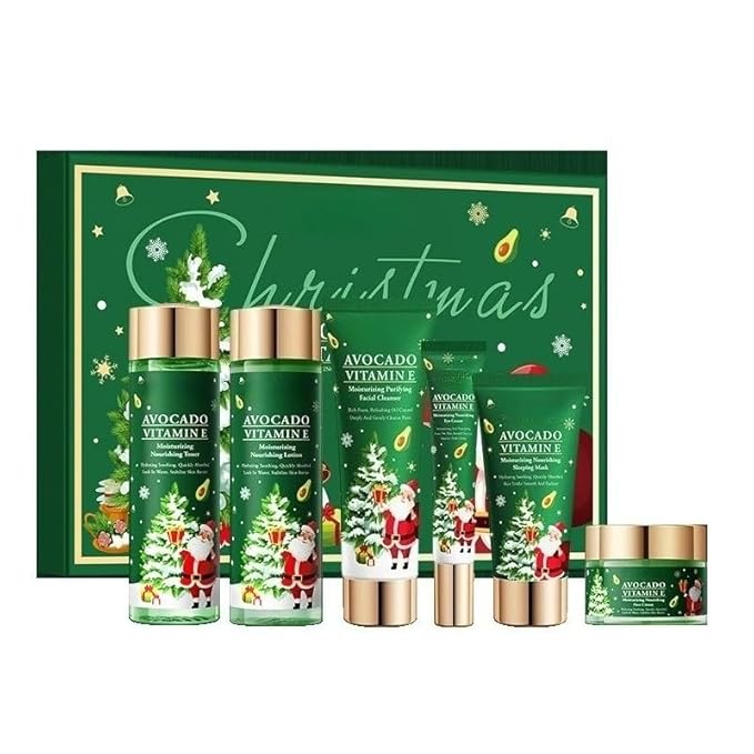 Christmas Skincare Kit Gift 6 Pcs with Facial Cleanser, Sleeping Mask, Lotion, Face Cream, Eye Cream, Toner Moisturizing & Nourishing Skin For Women Teen Girls Pomegranate Extract (Avocado)