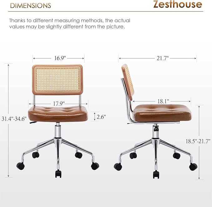 Zesthouse Leather Office Desk Chair with Wheels, Mid Century Rolling Desk Chair with Natural Rattan Back, Modern Swivel Home Office Chair, Small Height Adjustable Computer Task Chair, Brown