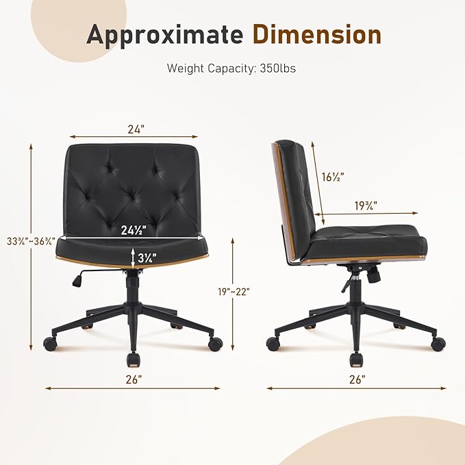 Furnimart Heavy-Duty Curved FSC Wood Desk Chair 360° Swivel, Faux Leather Criss Cross Chair with Wheels Wide Seat, Comfy Armless Cross Legged Sitting for Bedroom, Office, Vanity (PU Black)