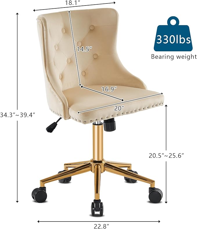 VINGLI Beige Velvet Armless Home Office Desk Chair with Gold Base/Wheels, Small Cute Vanity/Makeup Chair with Back for Bedroom, Upholstered Adjustable Rolling Swivel Nail Chair for Women/Girls