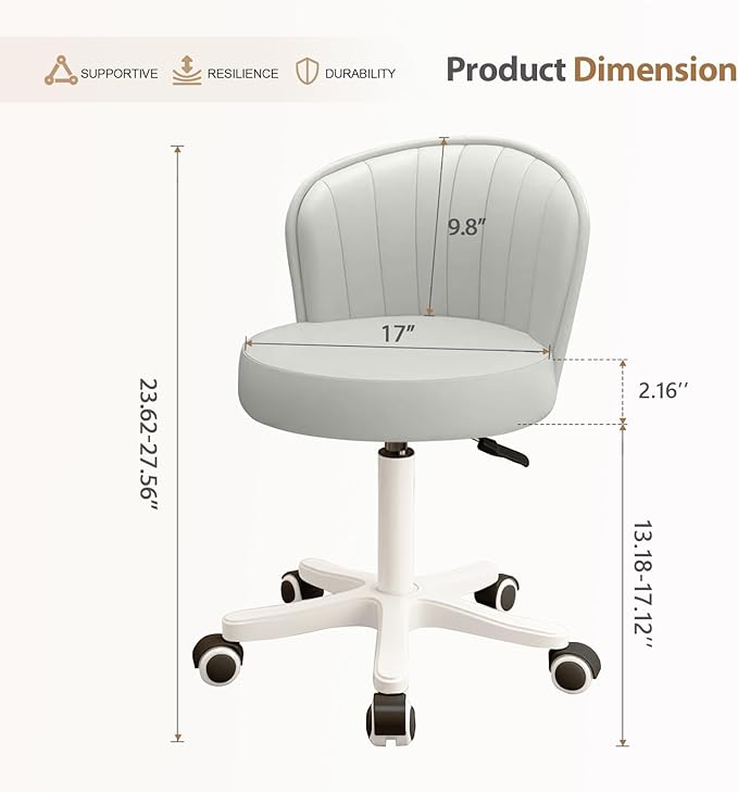 Small Round Rolling Desk Chair Armless Comfy Vanity Computer Chair with Low Backrest PU Leather Height Adjustable Swivel Work Spa Chair