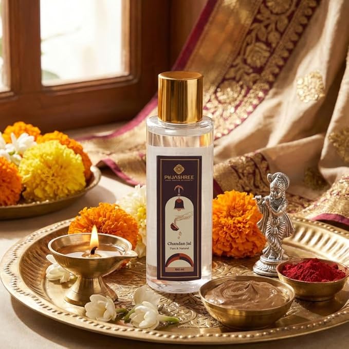 Pujashree 100% Pure Chandan Jal - 100 ML Glass Bottle with Spray Pump | Organic & Natural Sandalwood Water | Soothes, Hydrates Skin & Face Toner | Puja Chandan Sandal Holy Water
